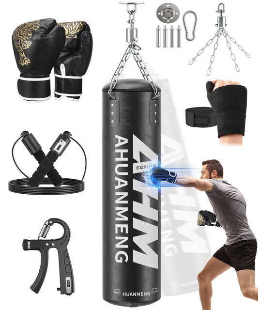 Heavy Punching Bag Kit Hanging Boxing Bag W/ Gloves Chain Ceiling Hook Grip Strengthener